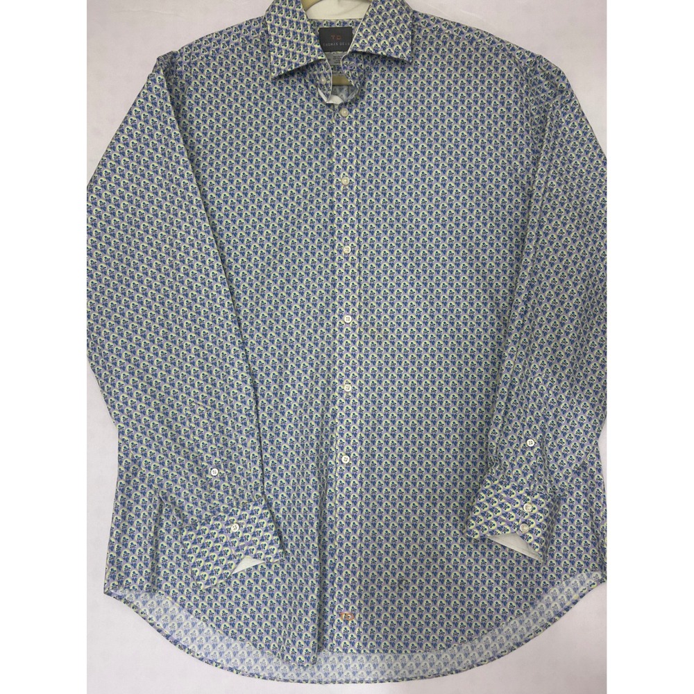 Thomas Dean Mens XL Long Sleeve Button Down Shirt Purple Yellow Floral Cotton
